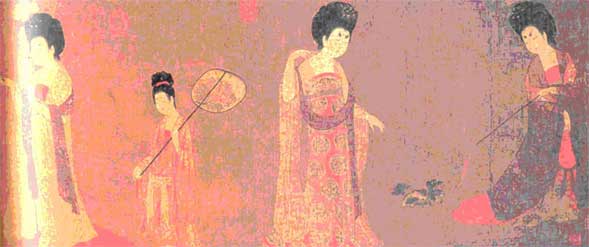 Lámina 4.Damas de la corte Tang. Scarpari, M., Grandes civilizaciones del pasado. Antigua China p.221.